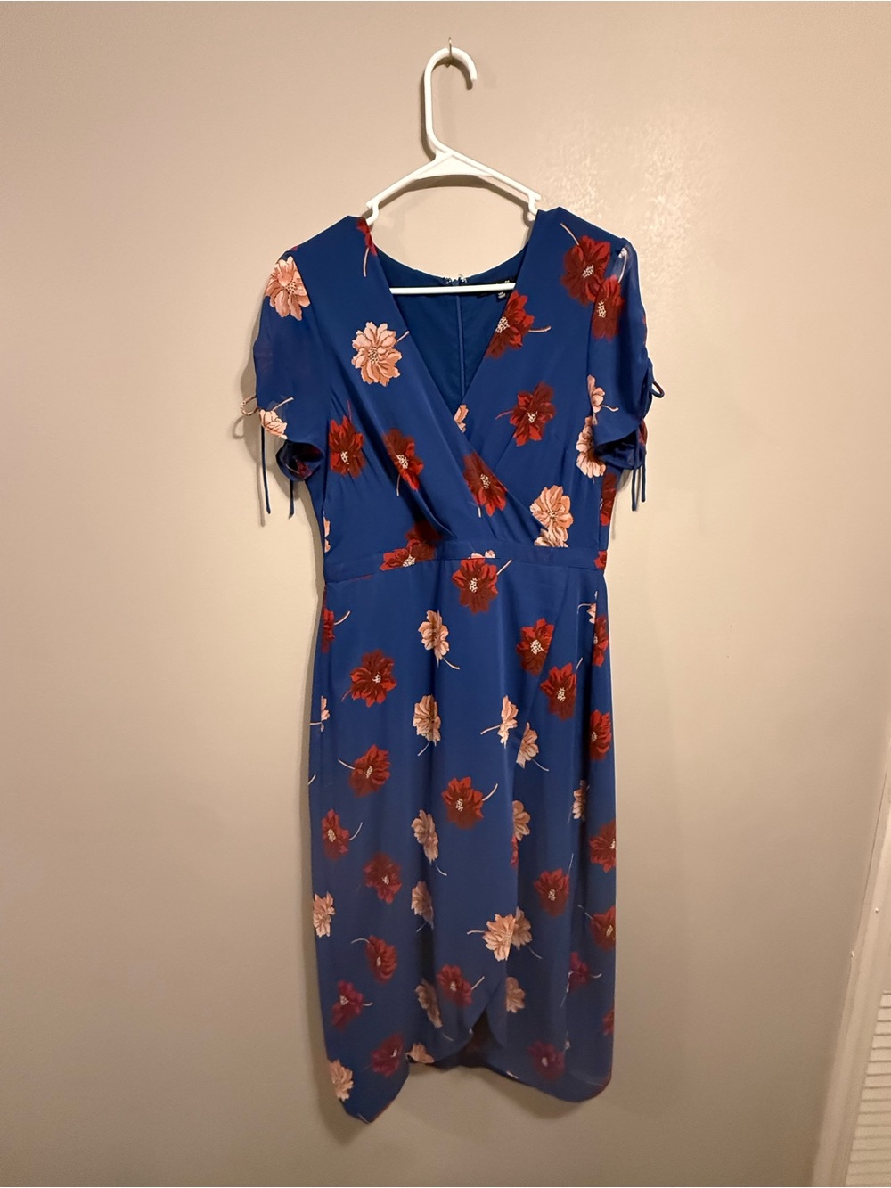 Madewell Sapphire Blue Floral Wrap Midi Dress with Red & Pink Flowers